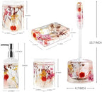 Locco Decor Bathroom Vanity Accessory Set Acrylic Liquid 3D Floating Motion Toothbrush Holder, Tumbler, Soap Dispenser, Soap Dish, Toilet brush, 5-Piece Accessory Set Garden Botanic Pink Plants - Image 2