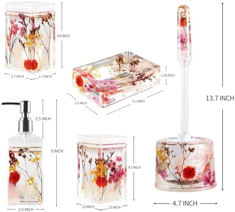 Locco Decor Bathroom Vanity Accessory Set Acrylic Liquid 3D Floating Motion Toothbrush Holder, Tumbler, Soap Dispenser, Soap Dish, Toilet brush, 5-Piece Accessory Set Garden Botanic Pink Plants - Image 2