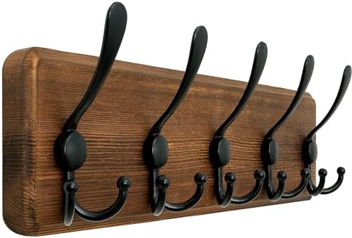 WEBI Rustic Coat Rack Wall Mount,Solid Wood Coat Hooks Wall Mounted Coat Hanger,16" Hole to Hole,Hook Rack Rail,5 Triple Hooks for Hanging Coats,Jacket,Clothes,Farmhouse,Brown by WEBI