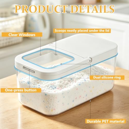 6L Laundry Detergent Dispenser with One-Press Lid & Measuring Spoon Tall Slim Laundry Powder Container for Laundry Room Organization Large Airtight Dishwasher Pod Holder for Storage Pod Bead Powder - Image 4