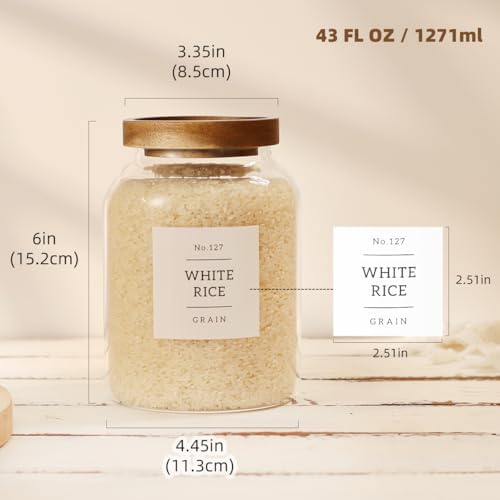 2 Pack Glass Food Storage Containers with Airtight Acacia Wood Lids and 132 Kitchen Pantey Labels Preprint - 43 LF OZ Borosilicate Glass Canister Sets for Food,Coffee,Cookie,Tea,Candy,Sugar - Image 3
