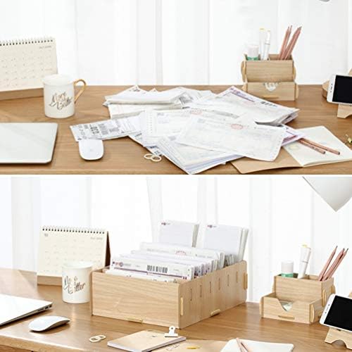 YARNOW Wooden Office Supplies Storage Box 12.59X10.43X4.33 Inch Vintage Desktop Organizer with Compartments for Home Bedroom and Office Use - Image 3