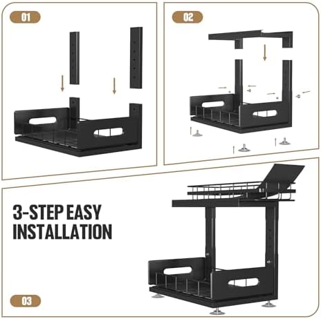 Under Sink Organizer Upgrade To Professional Rails,2-Tier Dual Pull Out Cabinet Storage,Height Adjustable Slide Out Drawers For Bathroom Kitchen,2 Pack-14.5" Dx12.8-16.9" H,Black - Image 5