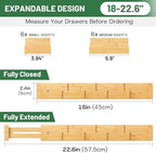 kiplant Bamboo Drawer Dividers - Adjustable Drawer Dividers for Kitchen, Clothes, Closet & Office - 6 Pack with Inserts, 18-22.6 Inches, Non-Slip Silicone Ends - Image 3