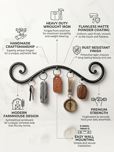 Farmhouse Wrought Iron Wall Mounted Key Holder – Handcrafted Swirl Decorative Design | Heavy Duty 5 Hook Entryway Organizer Rack for Keys, Coats, Hats, Bags & Dog Leash (Swirly Black) - Image 4