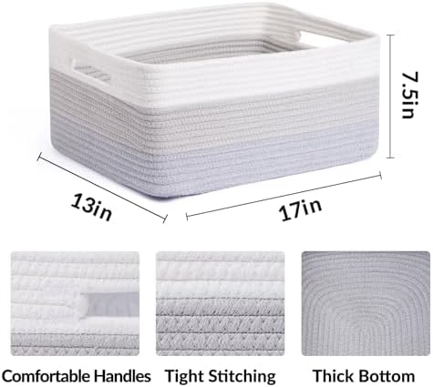 MiniArk Large Storage Baskets for Shelves, 17 x 13 x 7.5” Closet Organizers Bins for Clothes Blanket Towels, Baby Nursery, Toy Baskets Box, Woven Rope Baskets, 2 Packs Gradient Grey - Image 2