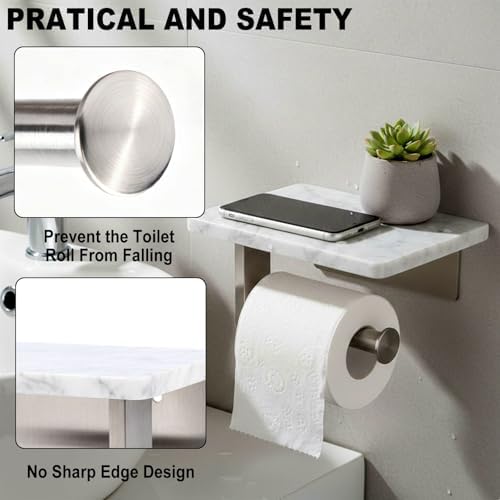 Toilet Paper Holder with Natural Marble Shelf for Bathroom Washroom,Wall Mounted Tissue Holder Suitable for Mega Roll (Brushed Nickel,Small 6.7 * 4.3 in) - Image 4
