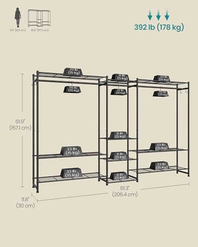 SONGMICS Portable Closet Wardrobe, 10 Shelves, 3 Hanging Rods, Metal Frame - Image 5
