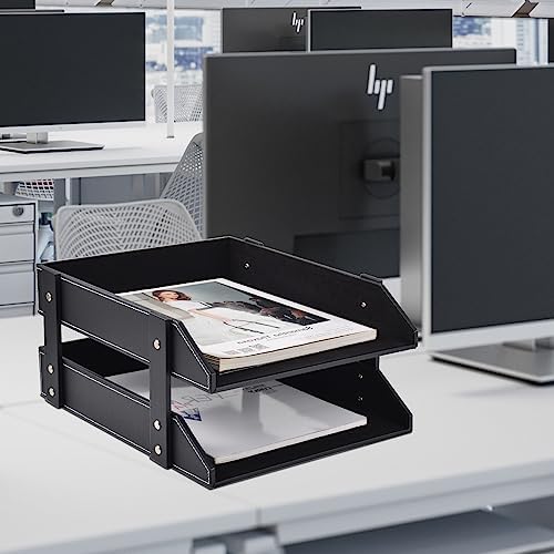 Leather Desk Organizer,2-Tier Stackable Letter Tray Holder,Office Supplies Desktop Storage Box for Document,Stationery,Magazines,Newspapers,Letters and Other Home Office Paper Sundries,Black - Image 6
