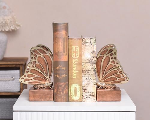 Vintage Brown Butterfly Bookends,Resin Book Ends for Shelves,Heavy Duty Decorative Bookends,Creative Book Stopper Holder Decor for Desk Home Office,Shelf Decoration,Gifts for Mother's Day - Image 2