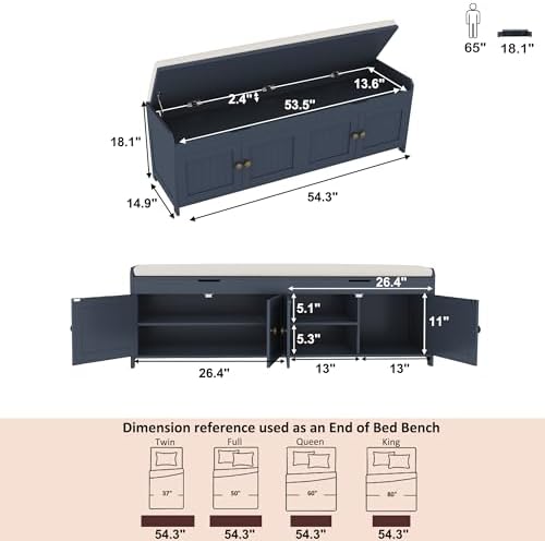 HOMEFORT 54.4" Shoe Bench with Lift Top Storage, Entryway Bench with Cushioned Seat, Wooden End of Bed Bench, Shoe Cabinet Bench with Hidden Storage Space, for Bedroom, Hallway,Blue - Image 3
