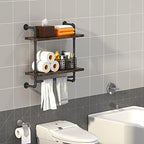 Helsin 24inch Industrial Pipe Shelving Bathroom Shelves Wall Mounted with Towel bar, 2 Tier Rustic Wood Floating Shelf, Metal Towel Rack Wall Shelf for Home & Bathroom (Brown, 24inch) - Image 2