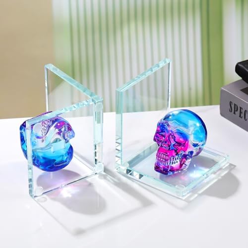 Glass Skull Book Ends for Shelves with Blue and Purple Crystal Skulls - Image 3