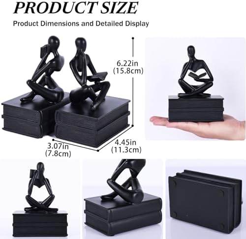 SHENGTIAN Black Reading Thinker Statue Bookends Set of 2, Resin Shelf Decor - Image 3