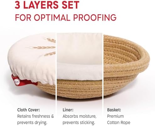 KneadAce Cotton Rope Banneton Bread Proofing Basket Set, 2 x Round Bread Basket with Liners & Covers for Artisan Bread Baking, Sourdough Bread Baking Supplies - Image 2