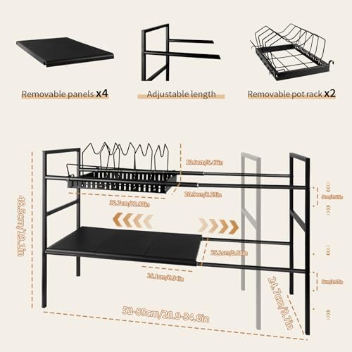 Pots and Pans Organizer Under Cabinet, Expandable Pots Organizers Inside Cabinet, Adjustable Height Under Sink Shelf 2 Tier with 10 Dividers Under Cabinet Shelf, Pot and Pan Lid Holder Rack (Black) - Image 2