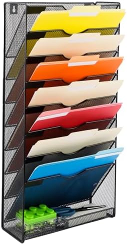 EASEPRES Desk File Organizer Mesh 9-Tier, Hanging Wall Mount Document Organization Stand, Desktop Vertical Mail Paper Folder Holder Rack with Bottom Tray for Office Home Cubicle Countertop, Black by EASEPRES