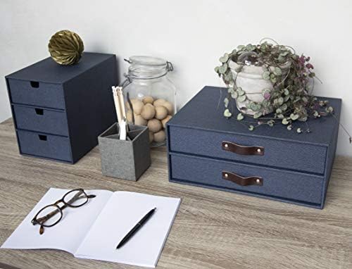 Bigso Birger 2-Drawer Canvas Fiberboard Easy Pull Handle Document Letter Box | Desktop Drawers for Loose Papers and Documents | Desktop Storage Drawers with Leather Handles | 13.1” x 10” x 5.7” | Blue - Image 2