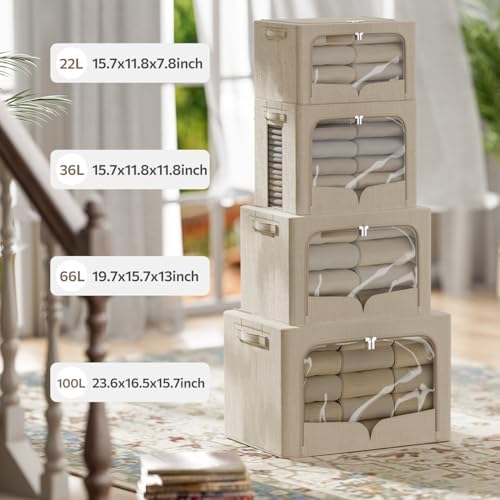 FHSQX 3 Pack Clothes Storage Bins - Foldable Metal Frame Storage Box - Stackable Linen Fabric Container Organizer Set with Carrying Handles and Clear Window (Beige, 19.7x15.7x13inch(66L)) - Image 6