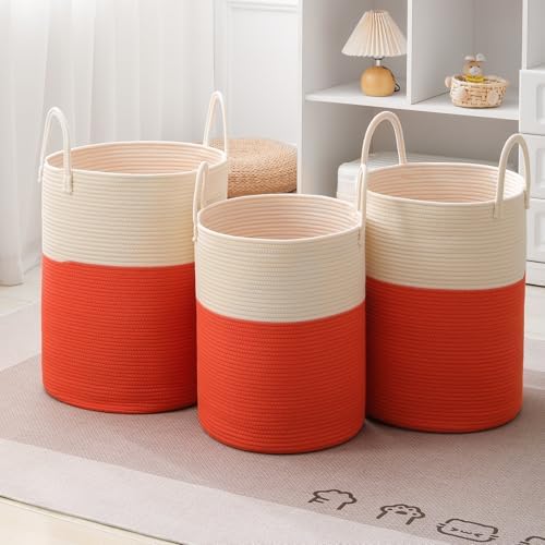Woven Laundry Hamper Tall Rope Storage Basket for Blanket oys Dirty Clothes in Living Room Bathroom Bedroom (White&Orange, 80L/21.3Gal) - Image 5