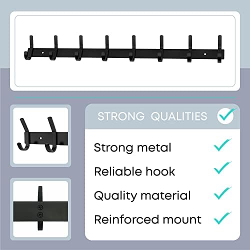 Coat Rack Wall Mount – 24 Inch Stainless Steel Hook Rail with 8 Double Coat Hooks for Hanging – Wall Mounted Entryway Organizer for Coats, Hats, Bags, Towels, Robes, Bedroom or Bathroom - Black - Image 3