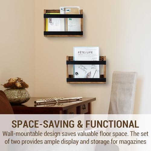 MyGift Wall-Mount Magazine Racks, Burnt Wood & Black Metal, Set of 2 - Image 3