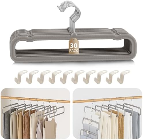 Velvet Felt Pants Hangers 30 Pack, with Cascading Hooks (Gray) by UEAKPIC