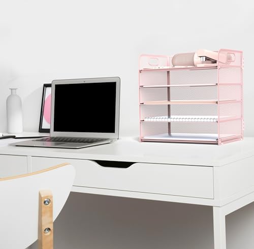 Sinboun Letter Tray Paper Organizer 5-Tier Desk Organizer File Organizer Paper Holder with Handle, Metal Desktop Document Shelf Tray Office Classroom Organization - Pink, PK5CENGTISHOU - Image 4