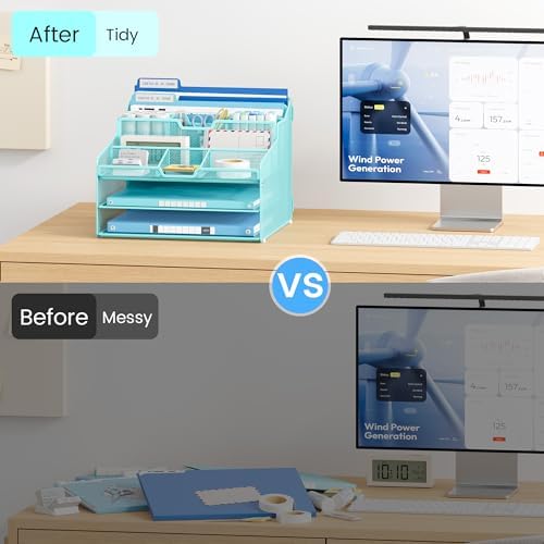 Lavatino Desk Paper File Organizer - Metal Mesh with 2 Letter Trays, 7 Flexible Dividers, 2 Vertical File Folder Holders for Office/Home/Classroom Supplies, Desk Organizers and Accessories, Blue - Image 5