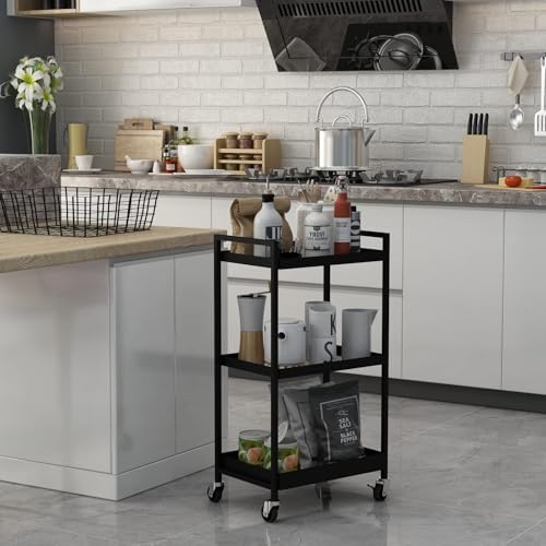 3-Tier Metal Utility Rolling Cart, Heavy Duty Multifunction Rectangular Cart with Lockable Casters, Easy to Assemble, Suitable for Office, Bathroom, Kitchen - Black - Image 4