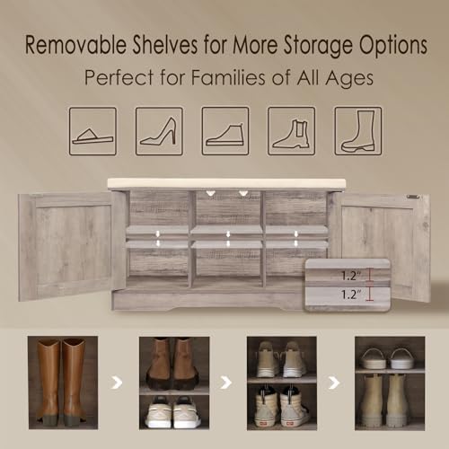 DINZI LVJ Shoe Storage Bench with Cushion, Door, Greige 31.5" LX17.7 H - Image 4