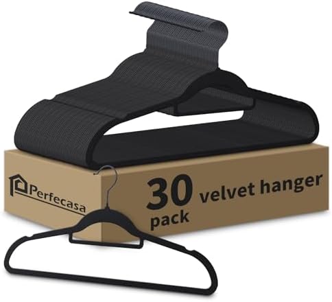 Black Velvet Hangers 30 Pack - Non Slip Clothes Hangers, Ultra Slim Hangers, Space Saving Swivel Black Hook, Suit, Top, Tie, Shirt, Skirt & Pant Felt Hangers, Black Hangers by PerfecasaHomeDecoration