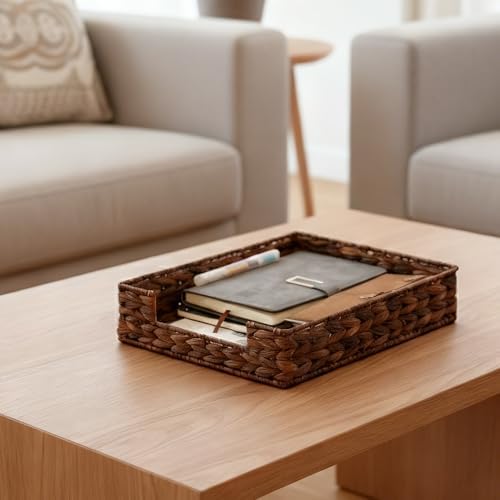 Set of 2 Water Hyacinth Letter Tray for A4 File Desk Mail Letter-Size Paper, Basket Woven Organizer, Magazine Files Storage, Office Document Organizer and Storage, Coffee - Image 6