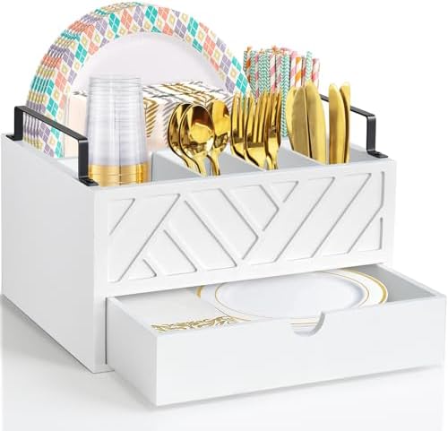 Paper Plate Dispenser with Drawer, Paper Plate Holder for Kitchen Counter, Wood Rustic Silverware Utensil Caddy, Cutlery Flatware Organizer for Cup Spoon Fork Plates Napkins, White Kitchen Accessories by Zecela