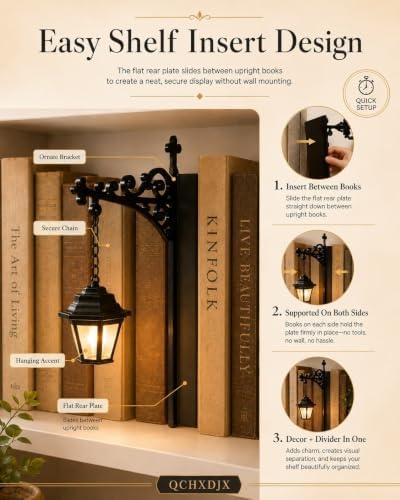 Library Lantern Decorative Bookshelf Lighting, Metal Bookend Shelf Insert with Hanging Lamp, Ghost or Happy Place Sign for Home Library, Reading Nook and Book Lover Decor(Happy Place Sign,3pcs) - Image 4