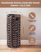 Rattan Umbrella Stand, Umbrella Holder for Entryway, Hand Woven Umbrella Rack Organizer Freestanding, with a Detachable Drip Tray, 4 Hooks, 7.5" L x 7.5" W x 16.5" H, Brown - Image 3