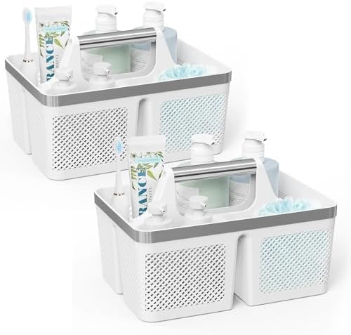 BYUNER 2Pack Shower Caddy Dorm: Portable Bathroom Caddy Organizer with Handle and Holes, Plastic Cleaning Caddy, Hard Shower Basket Storage Tote for Toiletry, College Dorm Room Essentials White/Silver by MakesYourHomeMoreOrganized