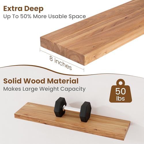 Floating Shelves for Wall Decor, 8" Deep Rustic Solid Elm Wood Floating Shelves Wall Mounted, Wall Shelves with Invisible Bracket for Living Room Bathroom Bedroom Kitchen, 32 Inch Set of 2, Natural - Image 5