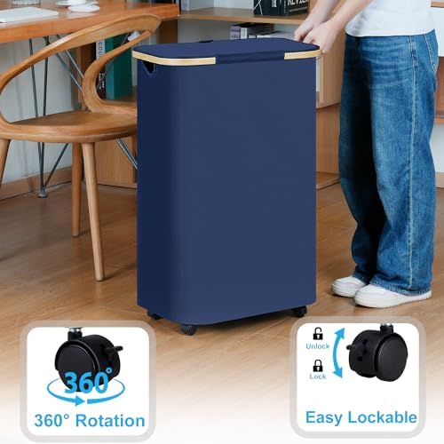 efluky Laundry Basket with Wheels, Tall Rolling Laundry Hamper with Lid and Removable Bag, Aesthetic Dirty Clothes Hamper on Wheels for Laundry Room, Bedroom, Dorm and Bathroom, 100L Blue - Image 3