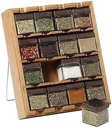 Kamenstein 16 Jar Bamboo 3-in-1 Spice Organizer for Countertop, Wall, and Drawer with Spices Included, FREE Spice Refills for 5 Years, Lift & Pour Caps by Kamenstein
