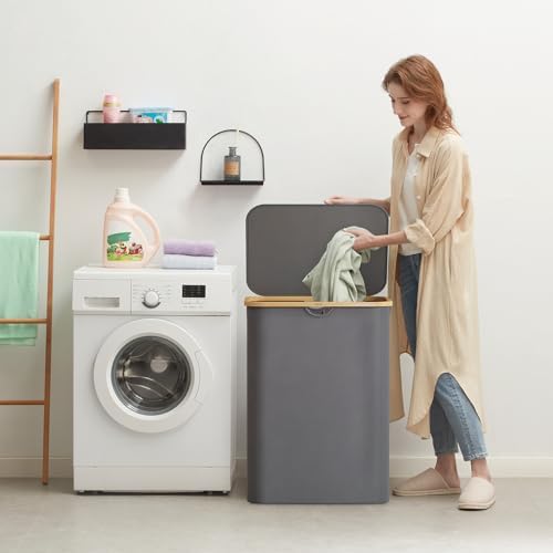 Lifewit 150L Large Laundry Basket with Lid, 2 Removable Bags, Gray - Image 2