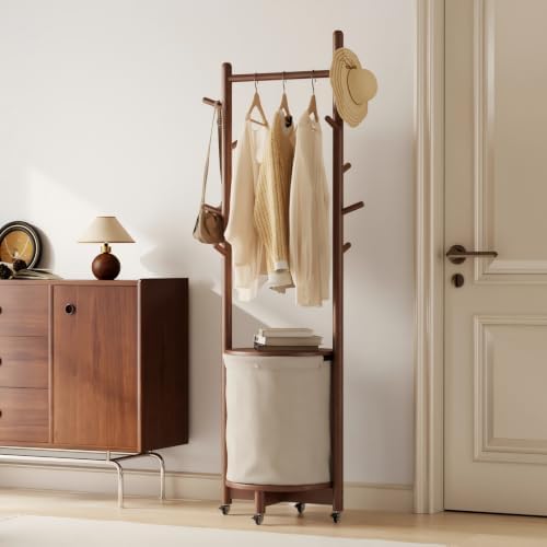 CycleCrew Solid Wood Coat Rack with Fabric Basket - Freestanding Coat Rack Rolling Coat Tree with 9 Hooks Wheels, Small Clothes Rack For Entryway Bedroom Hallway Living Room - Image 6