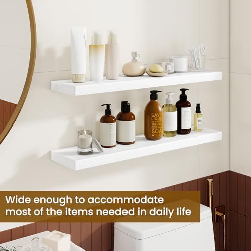 Dreamland 30Inch Floating Shelves for Wall, Rustic Wooden White Floating Shelves for Bathroom|Bedroom|Kitchen, Deep Wall Mounted Book Shelf, Wood Storage Display Shelf for Home Decor, Set of 2 - Image 4
