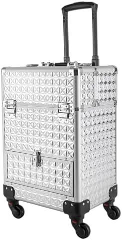 Rolling Makeup Manicure Storage Case, Makeup Trolley Rolling w/4 Universal Wheels Professional Aluminum Cosmetic Trolley Cases w/lock for Studio or Travelling (Silver) by Unknown