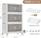 BROVIEW 180Qt Stackable Storage Bins with Lid, Extra Large Closet Organizer Collapsible Drawer Boxes with Wheels, Folding Plastic Cabinet Containers for Home Kitchen Room Organization, 3Pack White - Image 2