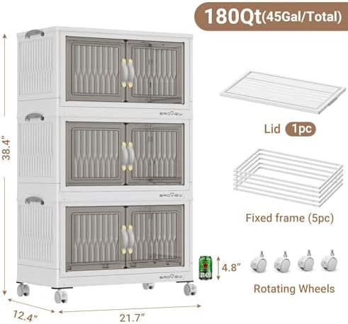 BROVIEW 180Qt Stackable Storage Bins with Lid, Extra Large Closet Organizer Collapsible Drawer Boxes with Wheels, Folding Plastic Cabinet Containers for Home Kitchen Room Organization, 3Pack White - Image 2