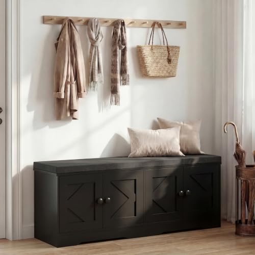 Apicizon Storage Bench with Seat Cushion, 2 Tier Entryway Bench with 4 Barn Doors, Adjustable Shelves, 47.36" Shoe Bench for Entryway Hallway Bedroom Living Room, Black by APICIZON