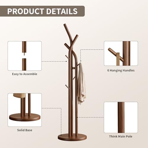 Solid Wood Coat Rack Freestanding Wood Coat Tree Rack with 9 Hooks, Creative Tree-Shaped Design, Standing Coat Rack Clothes Hanger Stand with Sturdy Base for Entryway, Bedroom - Load 300lb (Walnut) - Image 6