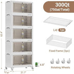 BROVIEW 300Qt Stackable Storage Bins with Lid, Extra Large Closet Organizer Collapsible Drawer Boxes with Wheels, Folding Plastic Cabinet Containers for Home Kitchen Room Organization, 5Pack White - Image 2