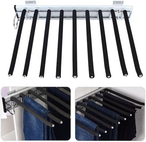 9 Arms Steel Slide Out Pants Rack Closet Pants Hanger Bar Pull Out Trousers Rack Tie Belts Scarf Racks, Wardrobe Clothes Organizers Rail Pull Out Closet Storage Rod-(Left Side Mounts) - Image 4